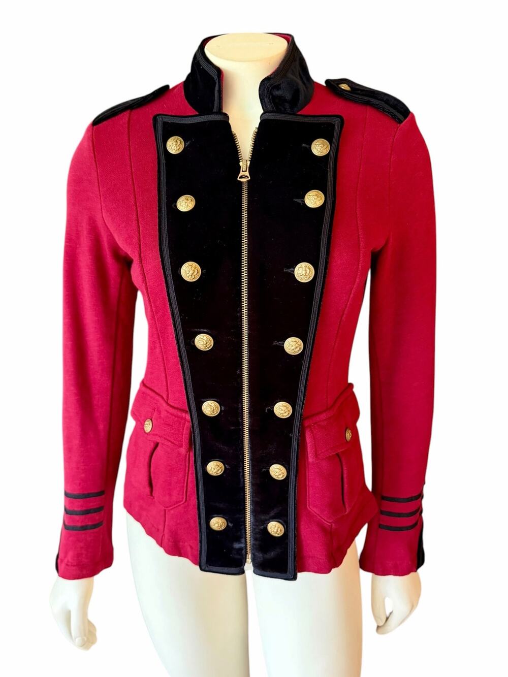 Denim & Supply Ralph Lauren Womens Red Military Jacket Velvet Trim Gold Button M
